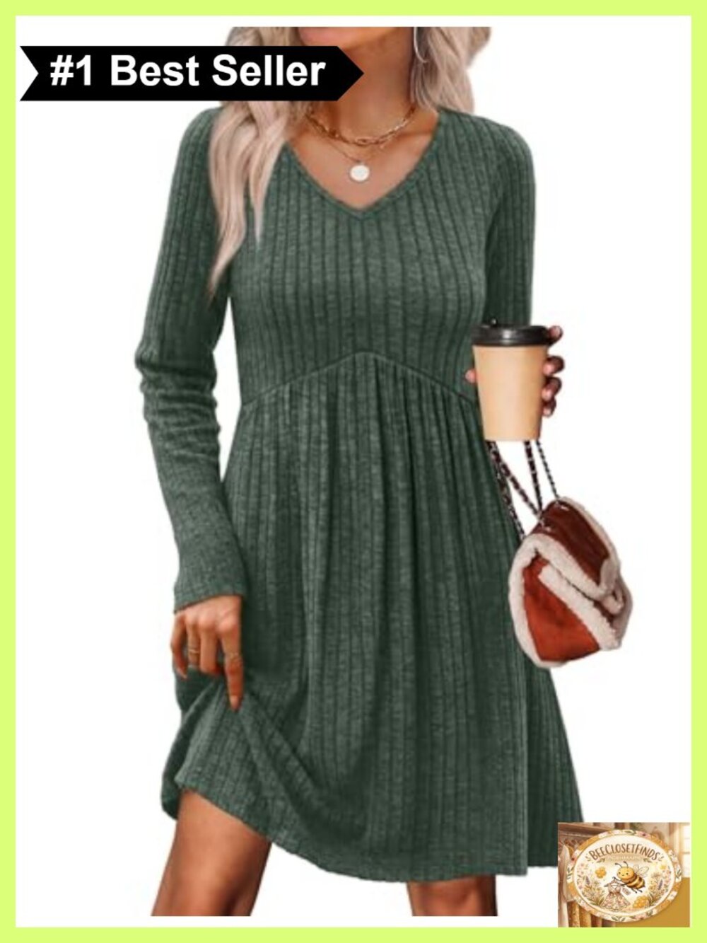 Long Sleeve Sweater Dress V Neck Empire Waist Babydoll Casual with Pockets